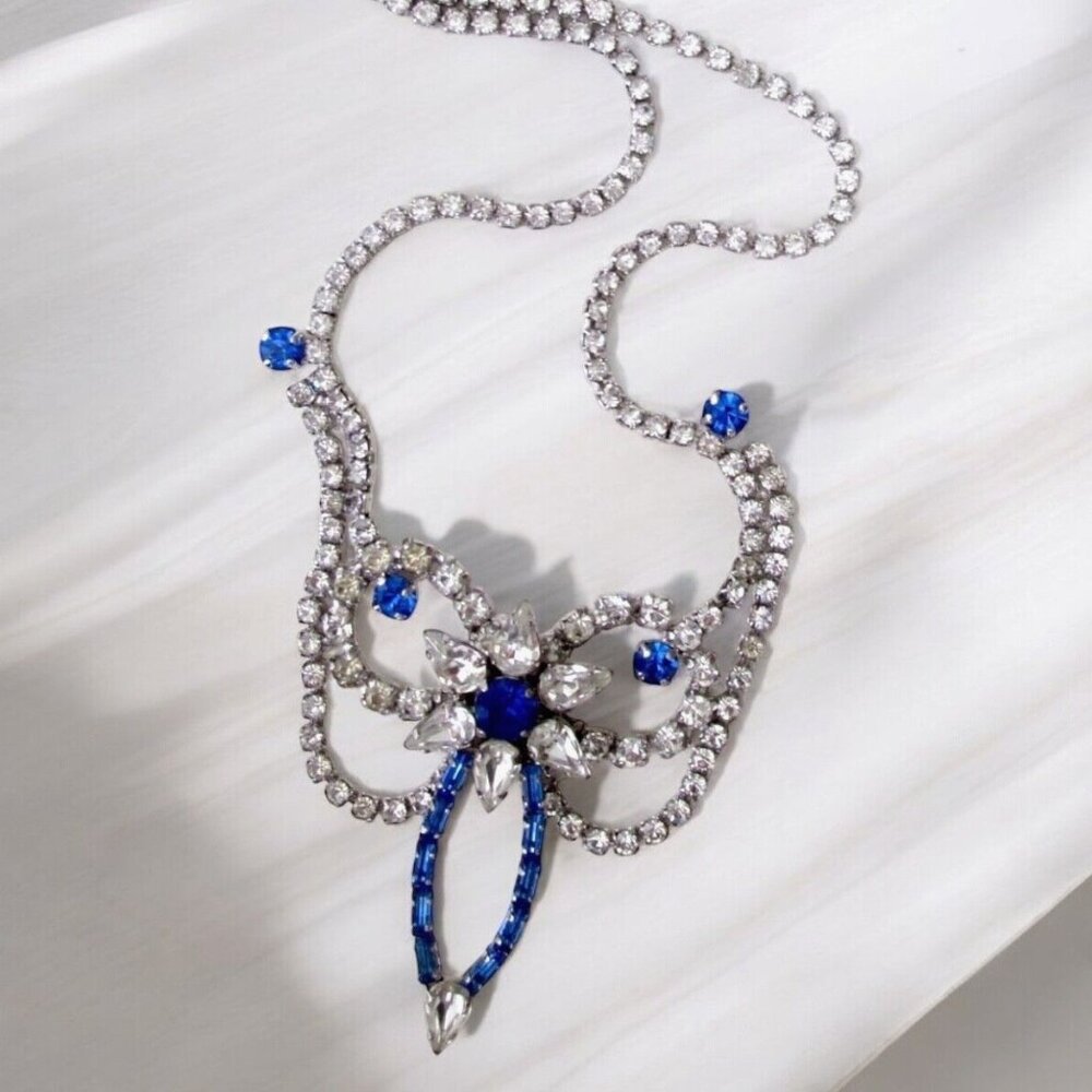 Vintage Statement Necklace by JAY FLEX Clear and Blue Rhinestones Silver Tone